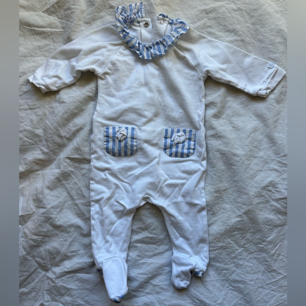 Jacadi White and Blue Ruffle Collar Footie